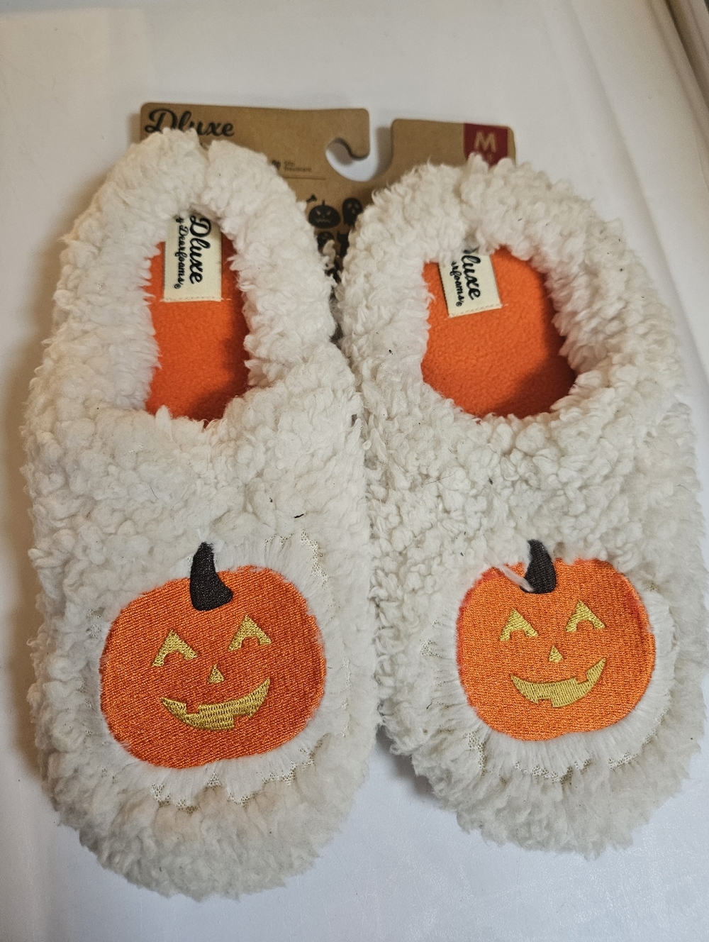 Dearfoams White Womens Sherpa Pumpkin Halloween Slippers 7-8 New